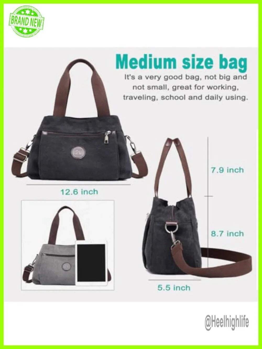 Canvas Crossbody Hobo Handbag with Triple Zip Pockets, Multi Compartment